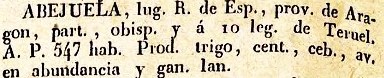 Abejuela, lugar en la Provincia de Aragón, del diccionario Geográfico Universal