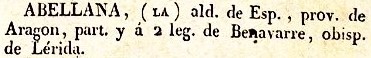 Abellana, lugar en la Provincia de Aragón, del diccionario Geográfico Universal
