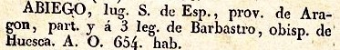 Abiego lugar en la Provincia de Aragón, del diccionario Geográfico Universal