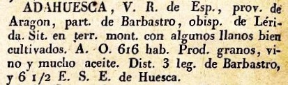 Adahuesca lugar en la Provincia de Aragón, del diccionario Geográfico Universal