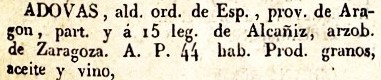 Adovas lugar en la Provincia de Aragón, del diccionario Geográfico Universal
