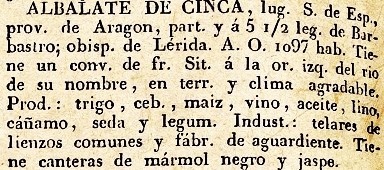 Albalate de Cinca lugar en la Provincia de Aragón, del diccionario Geográfico Universal