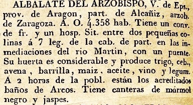 Albalate del Arzobispo, Villa de Eps., Provincia de Aragón, del diccionario Geográfico Universal