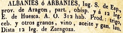 Albanies, lugar S. de España, Provincia de Aragón, del diccionario Geográfico Universal