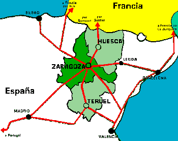 Mapa de accesos a la provincia de Zaragoza dentro de Aragón