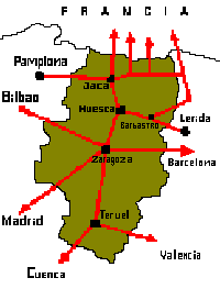 Mapa esquemático de acceso a la provincia de Zaragoza situada dentro de Aragón