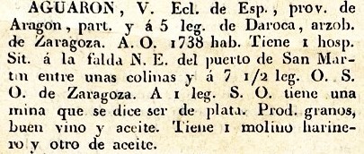 Aguarón lugar en la Provincia de Aragón, del diccionario Geográfico Universal