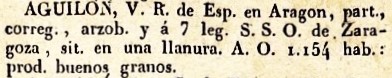 Aguilón lugar en la Provincia de Aragón, del diccionario Geográfico Universal