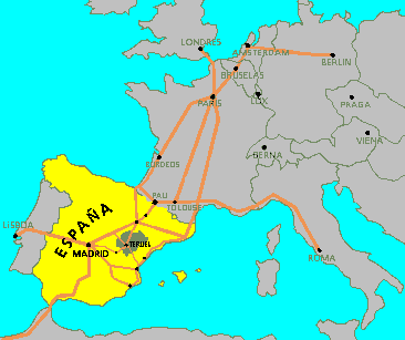 Mapa esquemático de acceso a la provincia de Teruel dentro de Europa